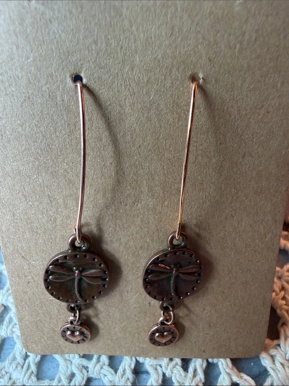 Delicate Dragonfly Drop Earrings in Antique Copper